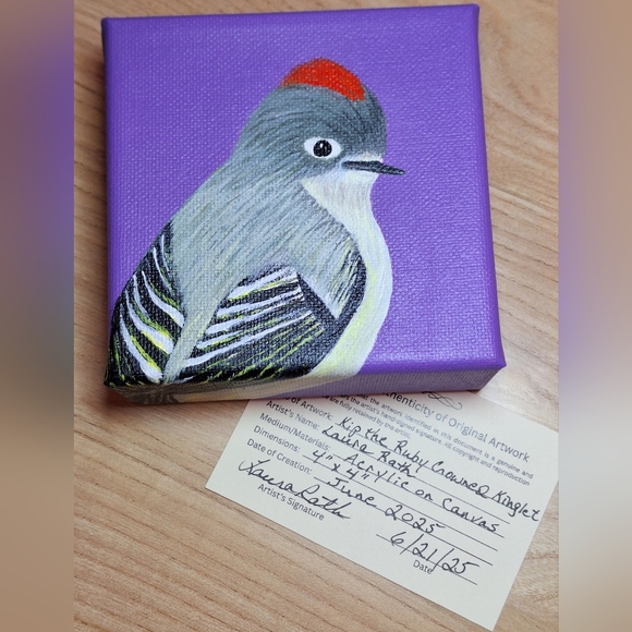 Laura Rath, Artist Other - Hand-painted Ruby Crowned Kinglet Canvas Painting